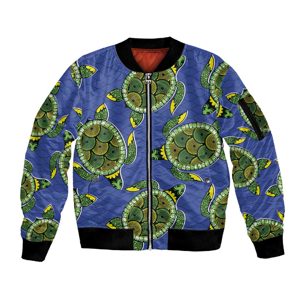 Emerald Turtle African Ankara Pattern Sleeve Zip Bomber Jacket