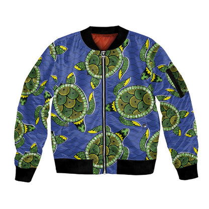 Emerald Turtle African Ankara Pattern Sleeve Zip Bomber Jacket