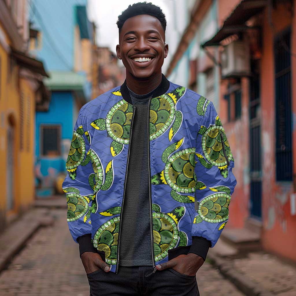 Emerald Turtle African Ankara Pattern Sleeve Zip Bomber Jacket