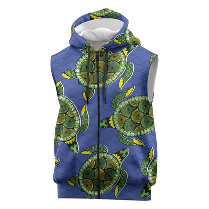 Emerald Turtle African Ankara Pattern Sleeveless Zip Hoodie