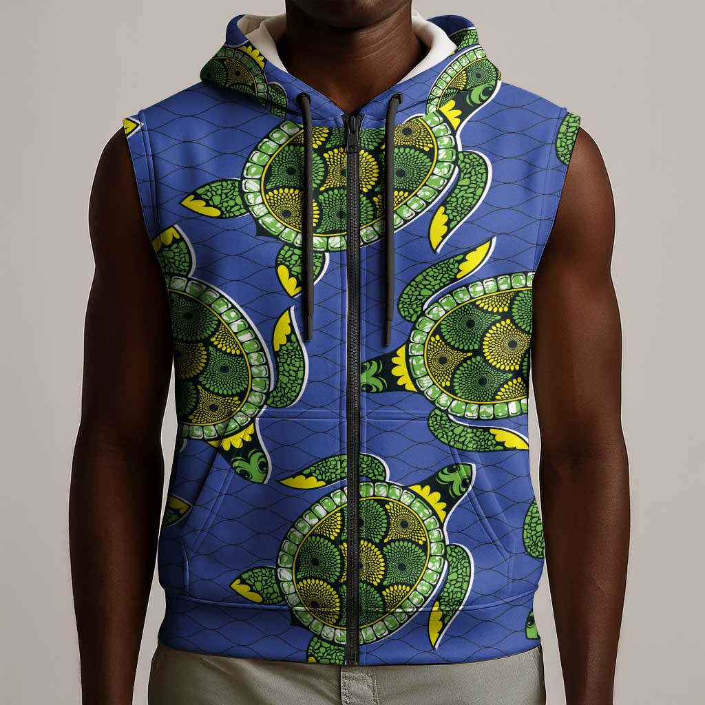 Emerald Turtle African Ankara Pattern Sleeveless Zip Hoodie
