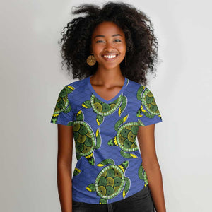 Emerald Turtle African Ankara Pattern Women V-Neck T-Shirt