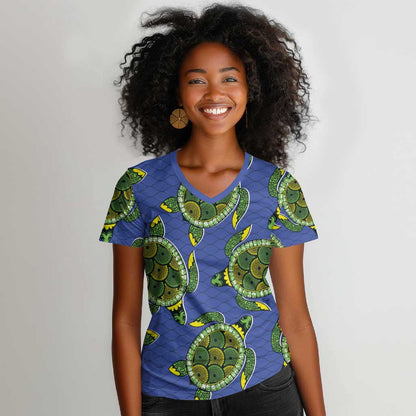 Emerald Turtle African Ankara Pattern Women V-Neck T-Shirt