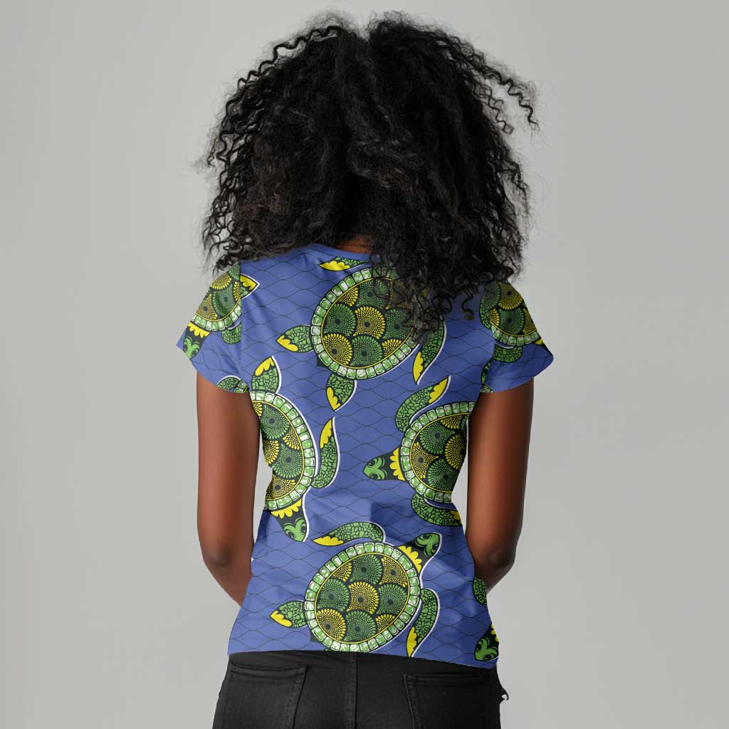 Emerald Turtle African Ankara Pattern Women V-Neck T-Shirt