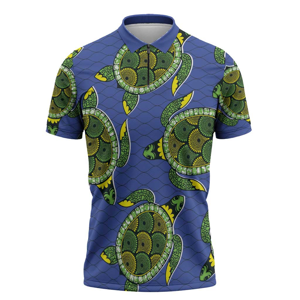 Emerald Turtle African Ankara Pattern Zipper Polo Shirt