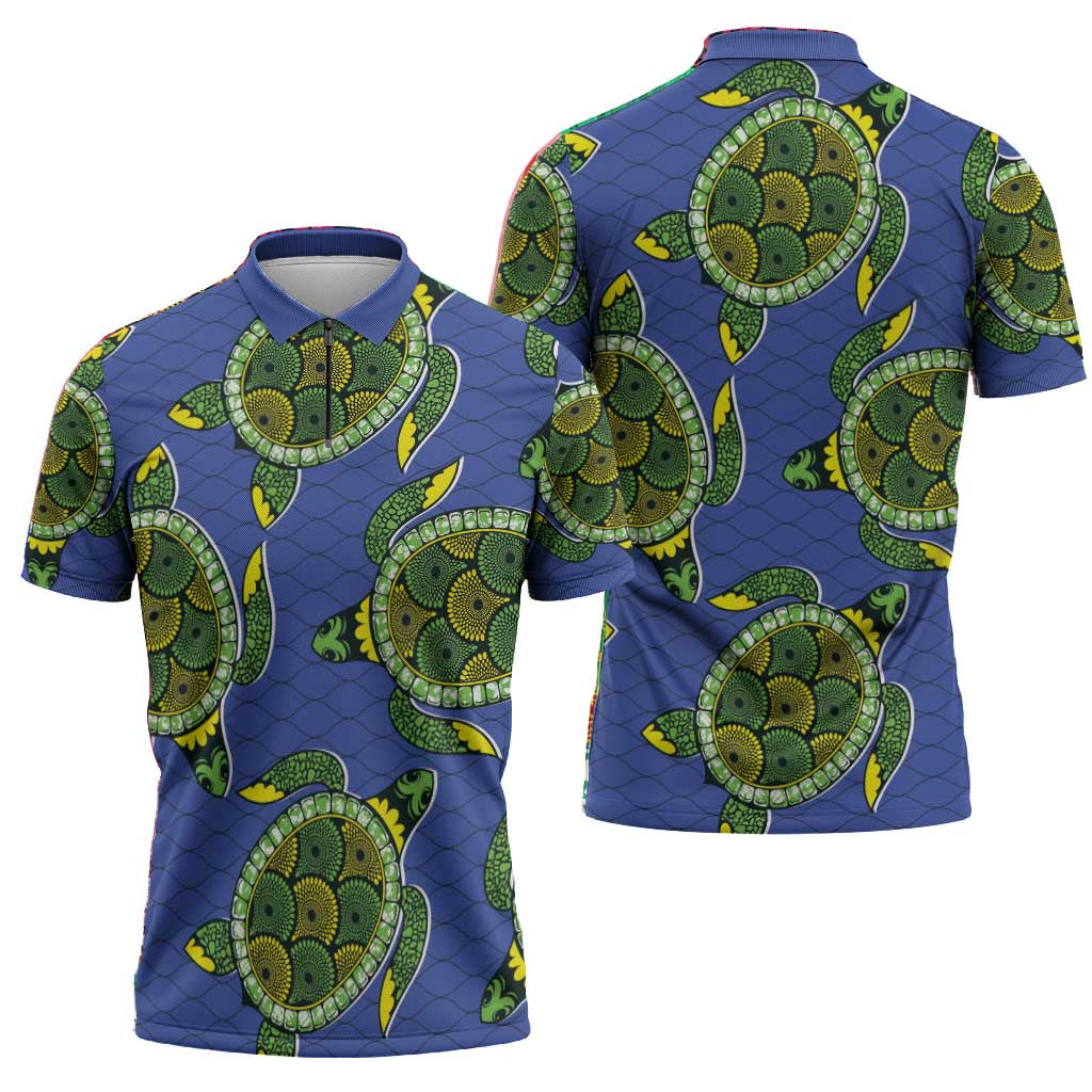 Emerald Turtle African Ankara Pattern Zipper Polo Shirt