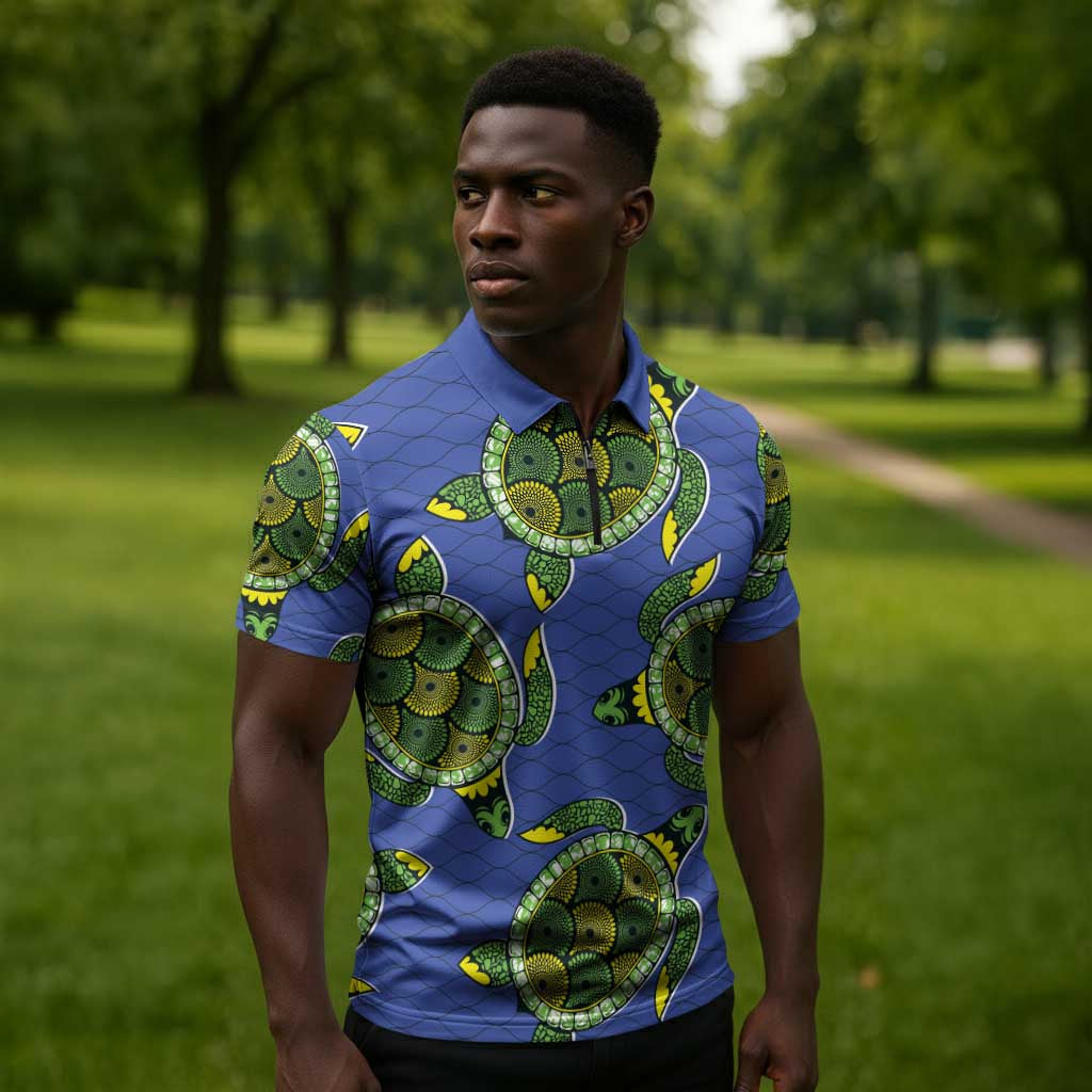 Emerald Turtle African Ankara Pattern Zipper Polo Shirt