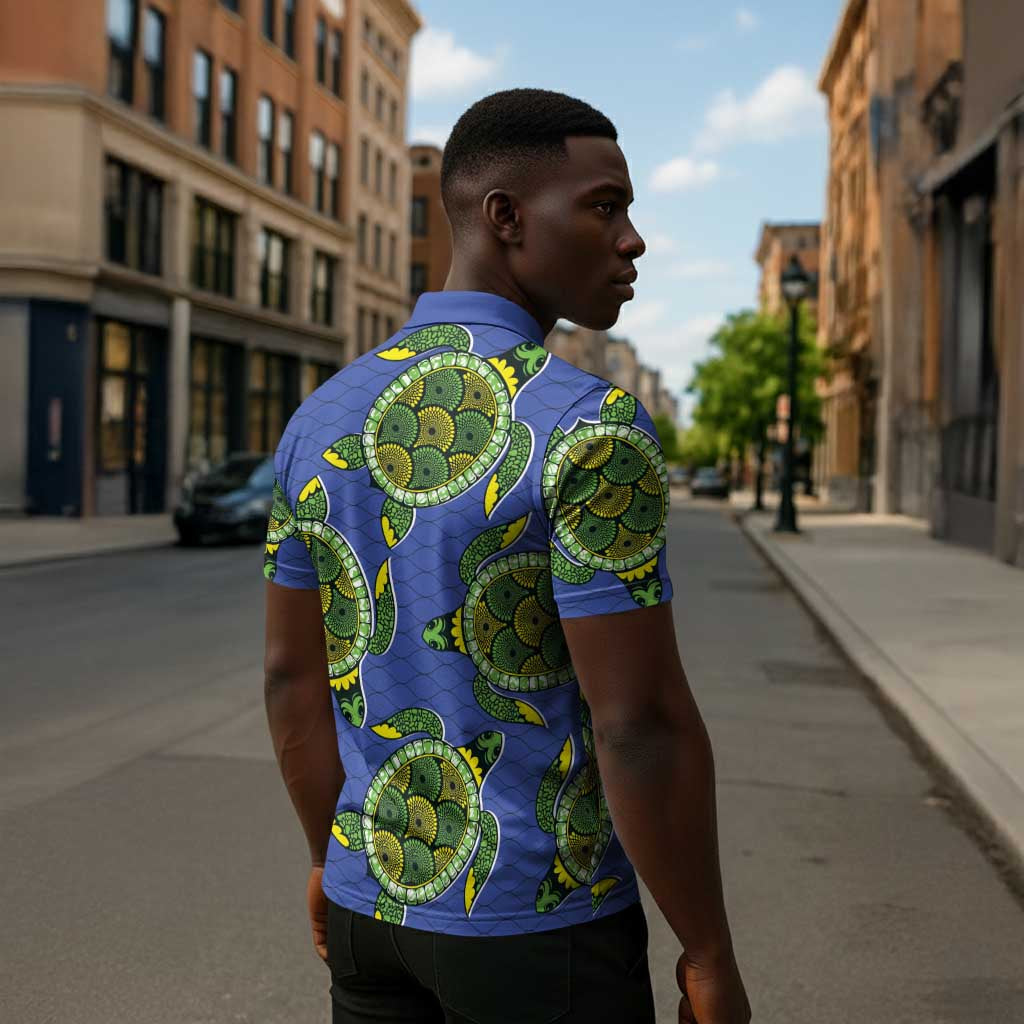 Emerald Turtle African Ankara Pattern Zipper Polo Shirt