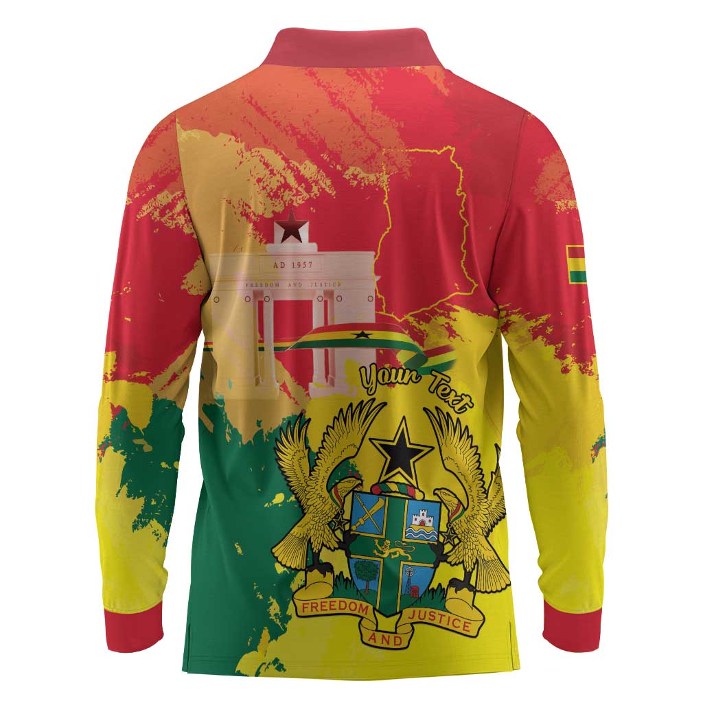 Personalized Ghana Republic Day Long Sleeve Polo Shirt Black Star Square - Grunge Style