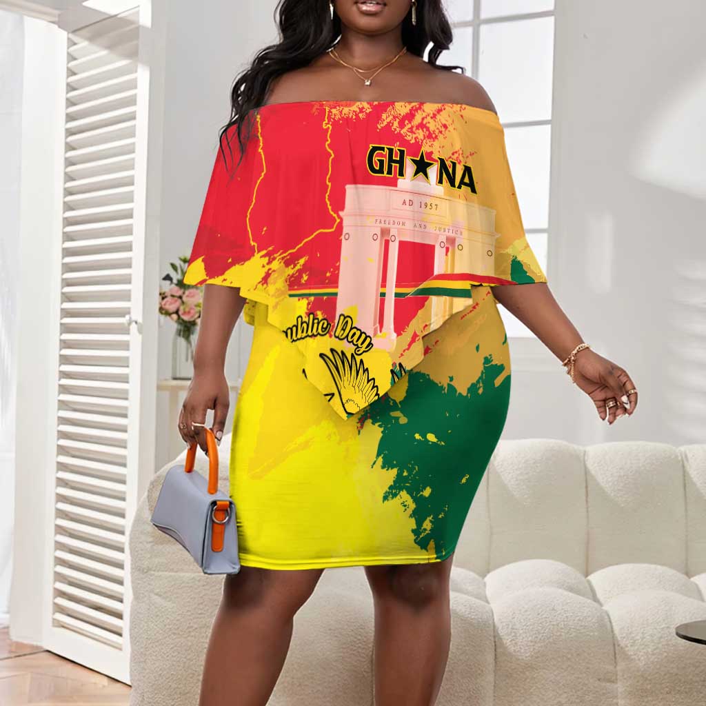 Personalized Ghana Republic Day Off Shoulder Short Dress Black Star Square - Grunge Style