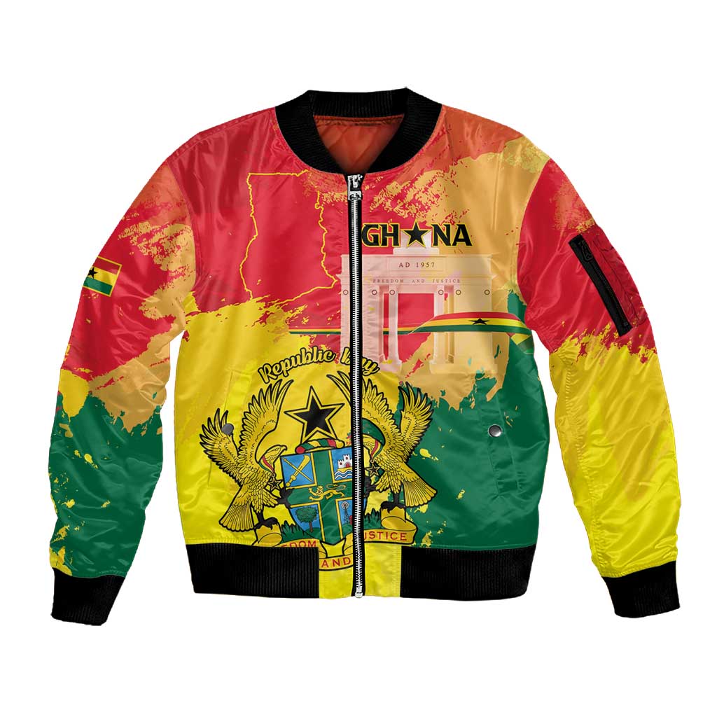 Personalized Ghana Republic Day Sleeve Zip Bomber Jacket Black Star Square - Grunge Style