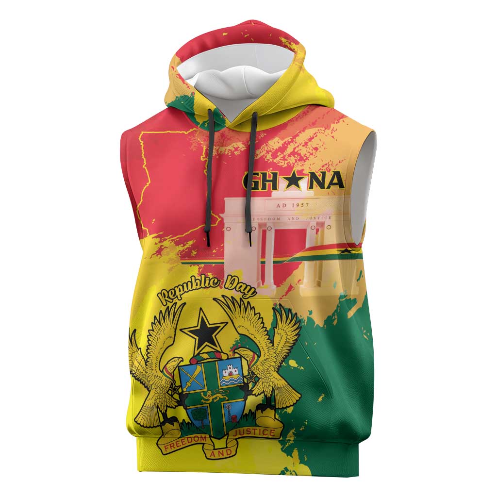 Personalized Ghana Republic Day Sleeveless Hoodie Black Star Square - Grunge Style - African Pride