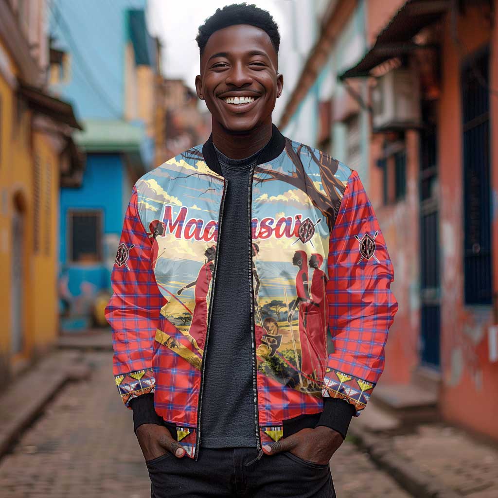 Maasai Adumu Dance Bomber Jacket Shuka Pattern - Kenya Safari