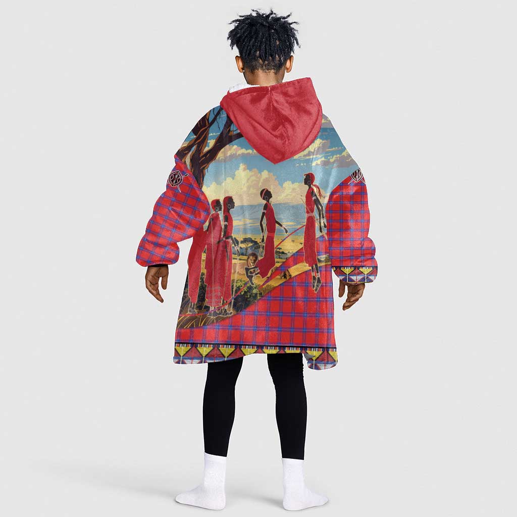 Maasai Adumu Dance Kid Wearable Blanket Hoodie Shuka Pattern - Kenya Safari