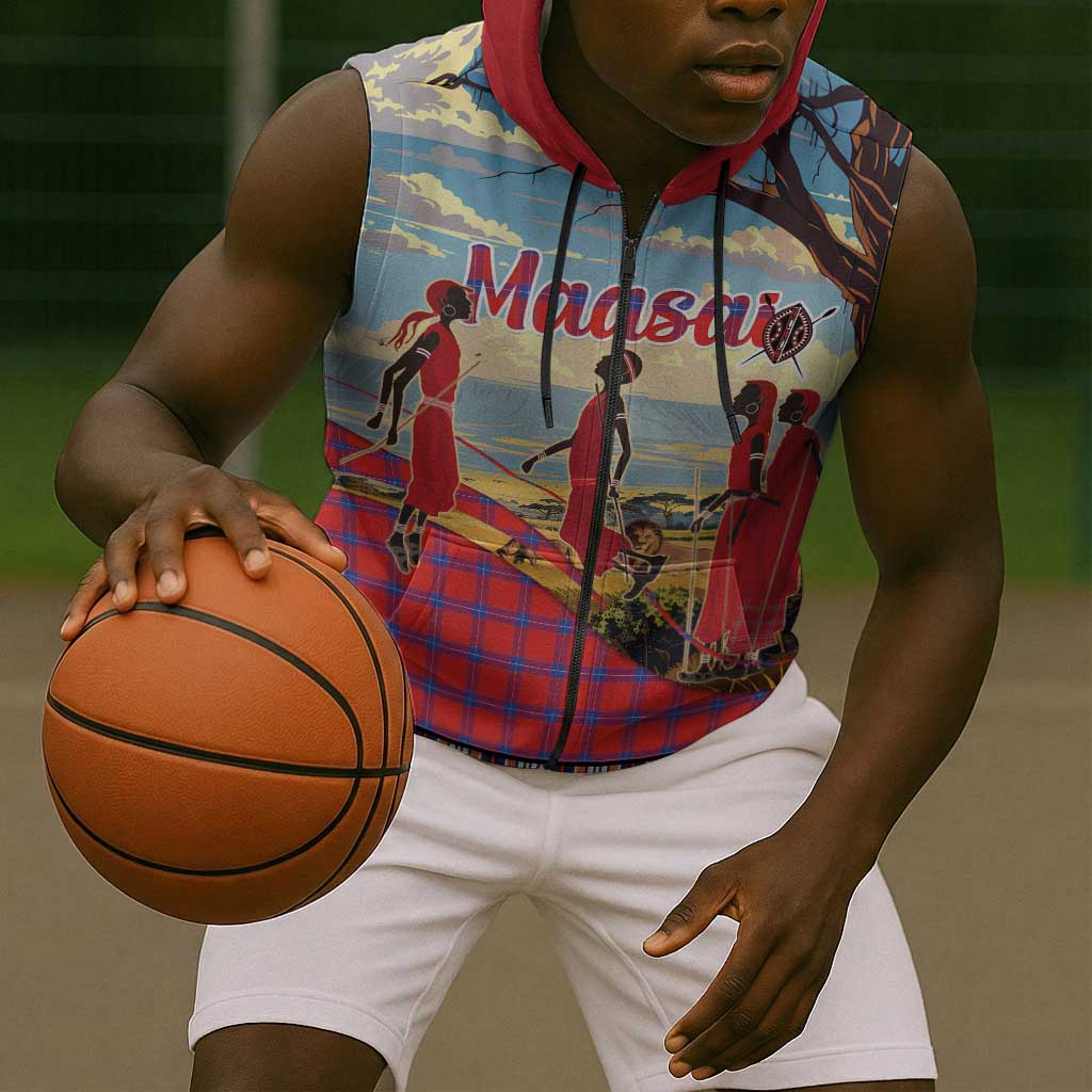 Maasai Adumu Dance Sleeveless Zip Hoodie Shuka Pattern - Kenya Safari - African Pride
