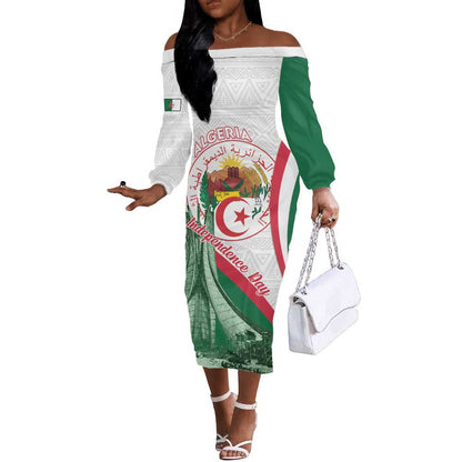 Algeria Independence Day Off The Shoulder Long Sleeve Dress Coat Of Arms With Maqam Echahid
