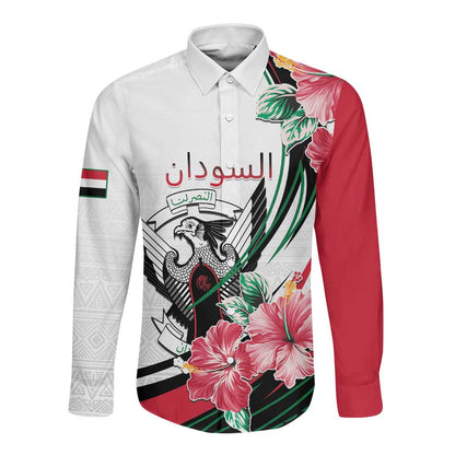 Personalized Sudan Long Sleeve Button Shirt Sudanese Secretary Bird With Hibiscus - African Pride