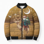Morocco Christmas in Sahara Bomber Puffer Jacket Black Santa Riding Camel