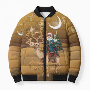 Morocco Christmas in Sahara Bomber Puffer Jacket Black Santa Riding Camel