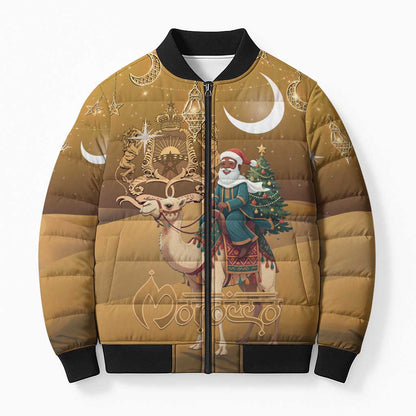 Morocco Christmas in Sahara Bomber Puffer Jacket Black Santa Riding Camel