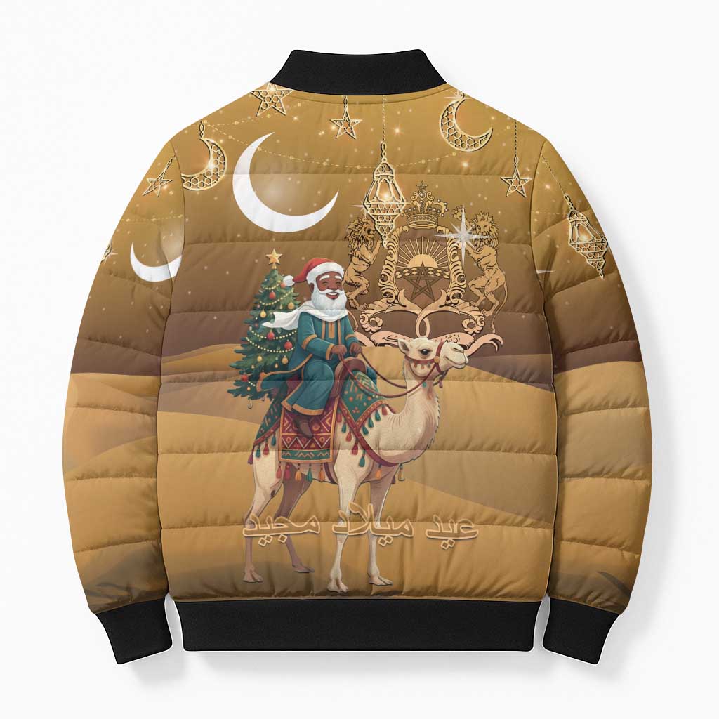 Morocco Christmas in Sahara Bomber Puffer Jacket Black Santa Riding Camel