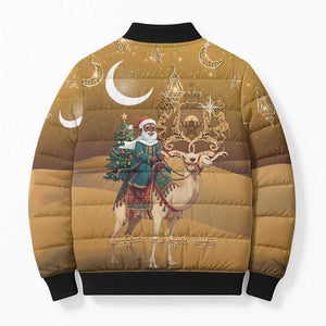 Morocco Christmas in Sahara Bomber Puffer Jacket Black Santa Riding Camel