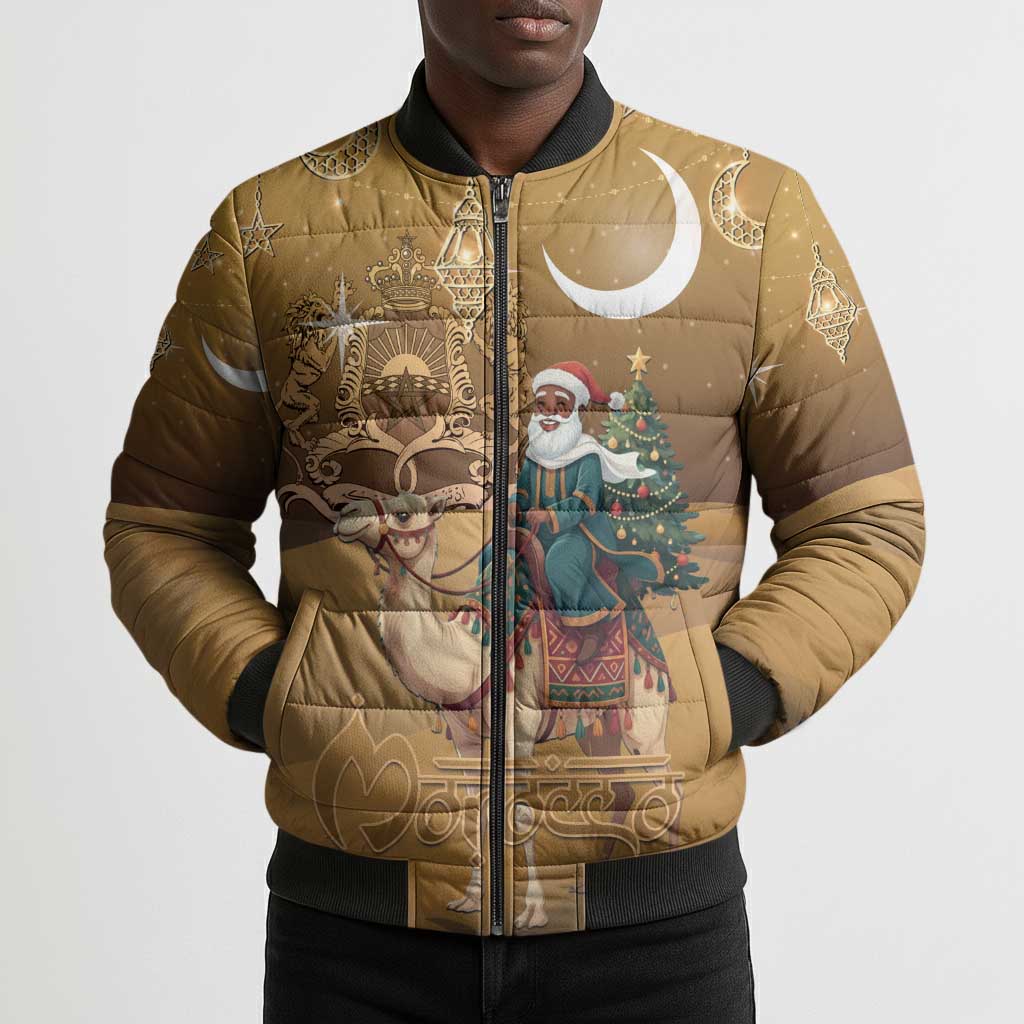 Morocco Christmas in Sahara Bomber Puffer Jacket Black Santa Riding Camel