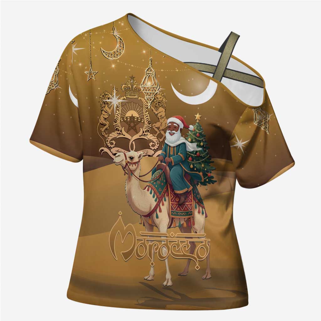 Morocco Christmas in Sahara Cross Shoulder Shirt Black Santa Riding Camel
