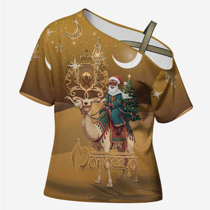 Morocco Christmas in Sahara Cross Shoulder Shirt Black Santa Riding Camel