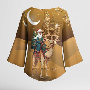 Morocco Christmas in Sahara Kimono Sleeve Blouse Black Santa Riding Camel