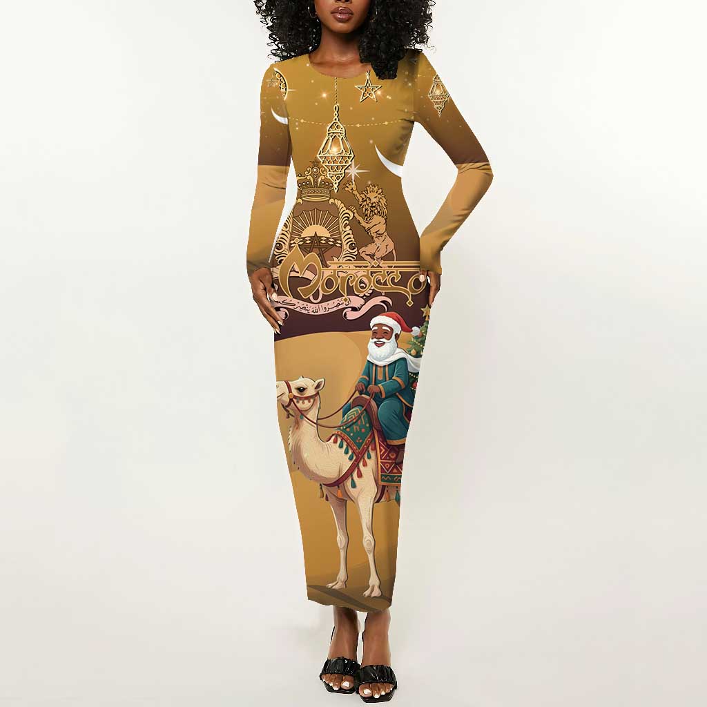 Afro Christmas in Sahara Morocco Long Sleeve Bodycon Dress Black Santa Riding Camel - African Pride