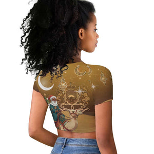 Afro Christmas in Sahara Morocco Raglan Cropped T shirt Black Santa Riding Camel - African Pride