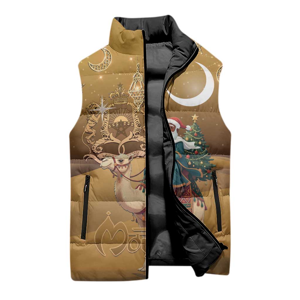 Morocco Christmas in Sahara Sleeveless Puffer Jacket Black Santa Riding Camel