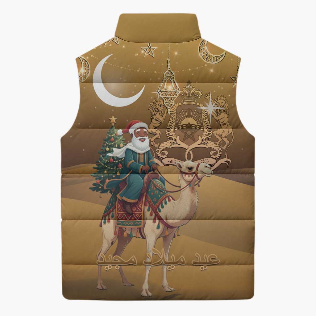 Morocco Christmas in Sahara Sleeveless Puffer Jacket Black Santa Riding Camel