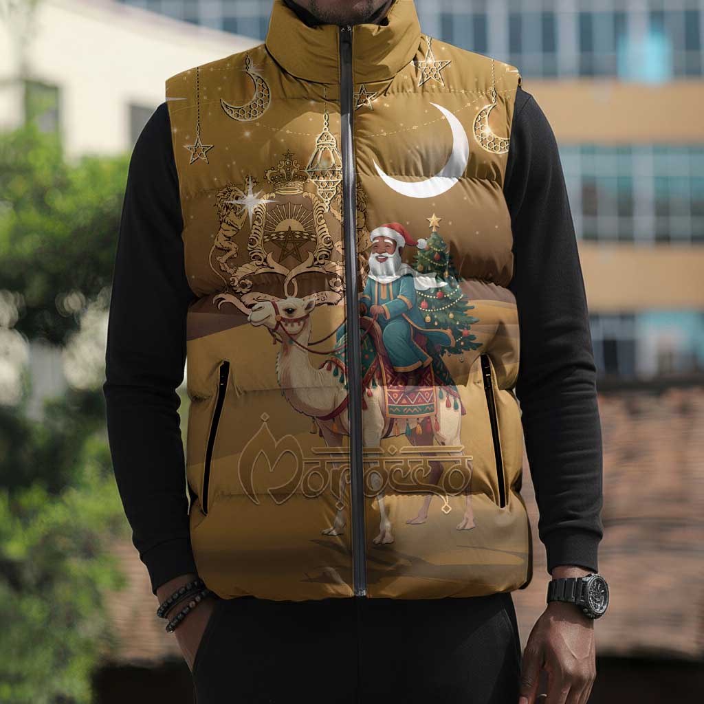 Morocco Christmas in Sahara Sleeveless Puffer Jacket Black Santa Riding Camel