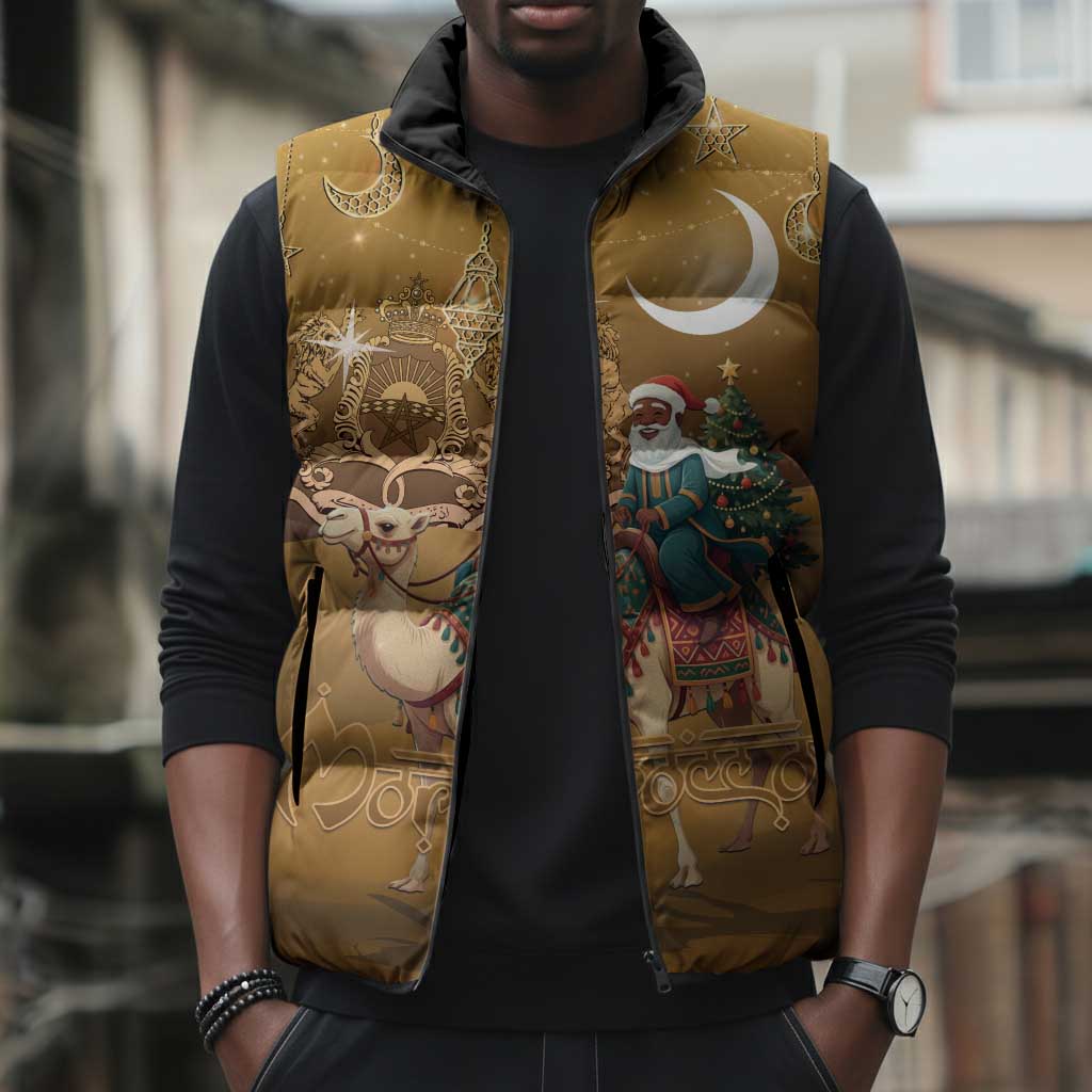 Morocco Christmas in Sahara Sleeveless Puffer Jacket Black Santa Riding Camel