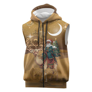 Afro Christmas in Sahara Morocco Sleeveless Zip Hoodie Black Santa Riding Camel - African Pride