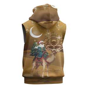 Afro Christmas in Sahara Morocco Sleeveless Zip Hoodie Black Santa Riding Camel - African Pride