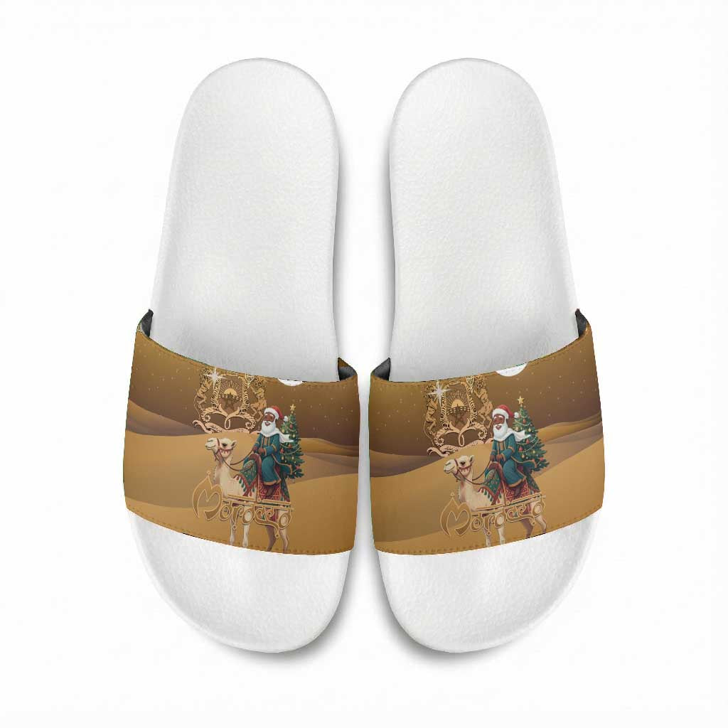 Morocco Christmas in Sahara Slide Sandals Black Santa Riding Camel
