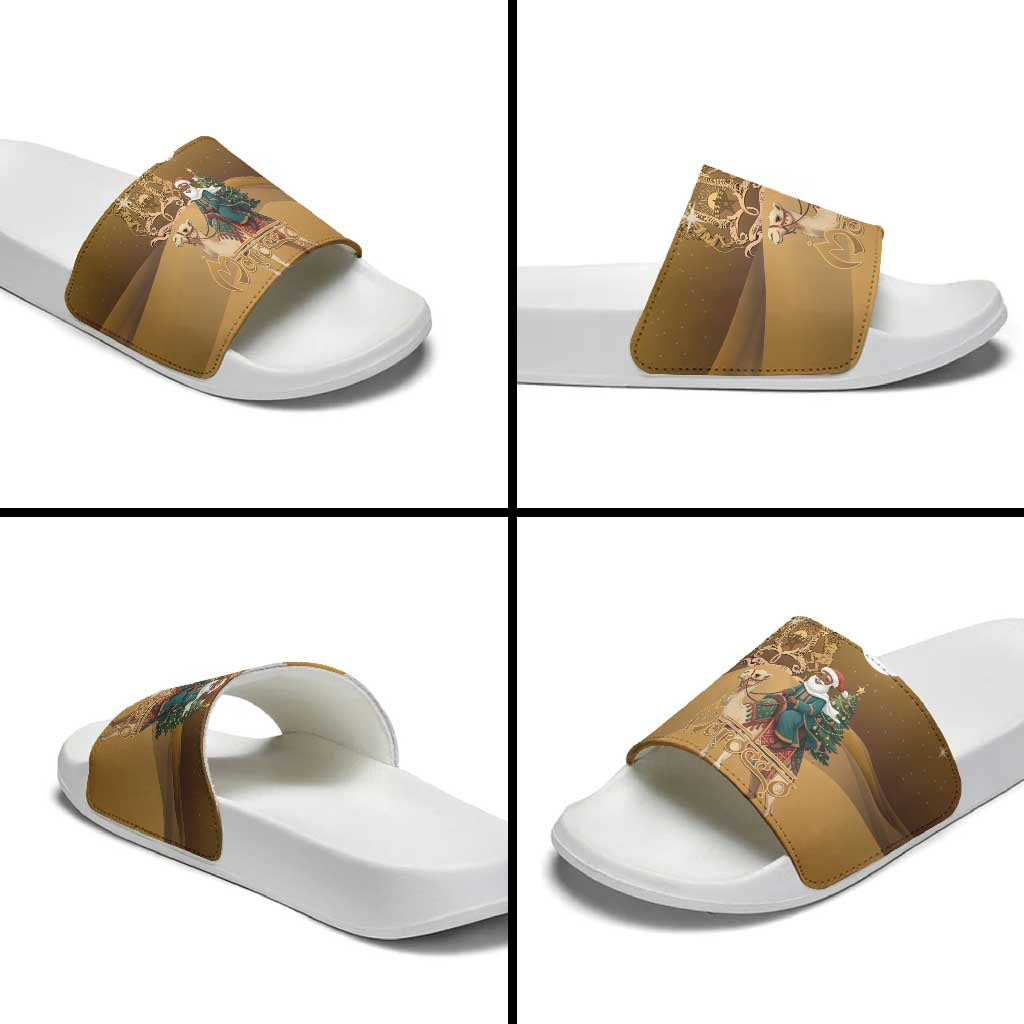Morocco Christmas in Sahara Slide Sandals Black Santa Riding Camel