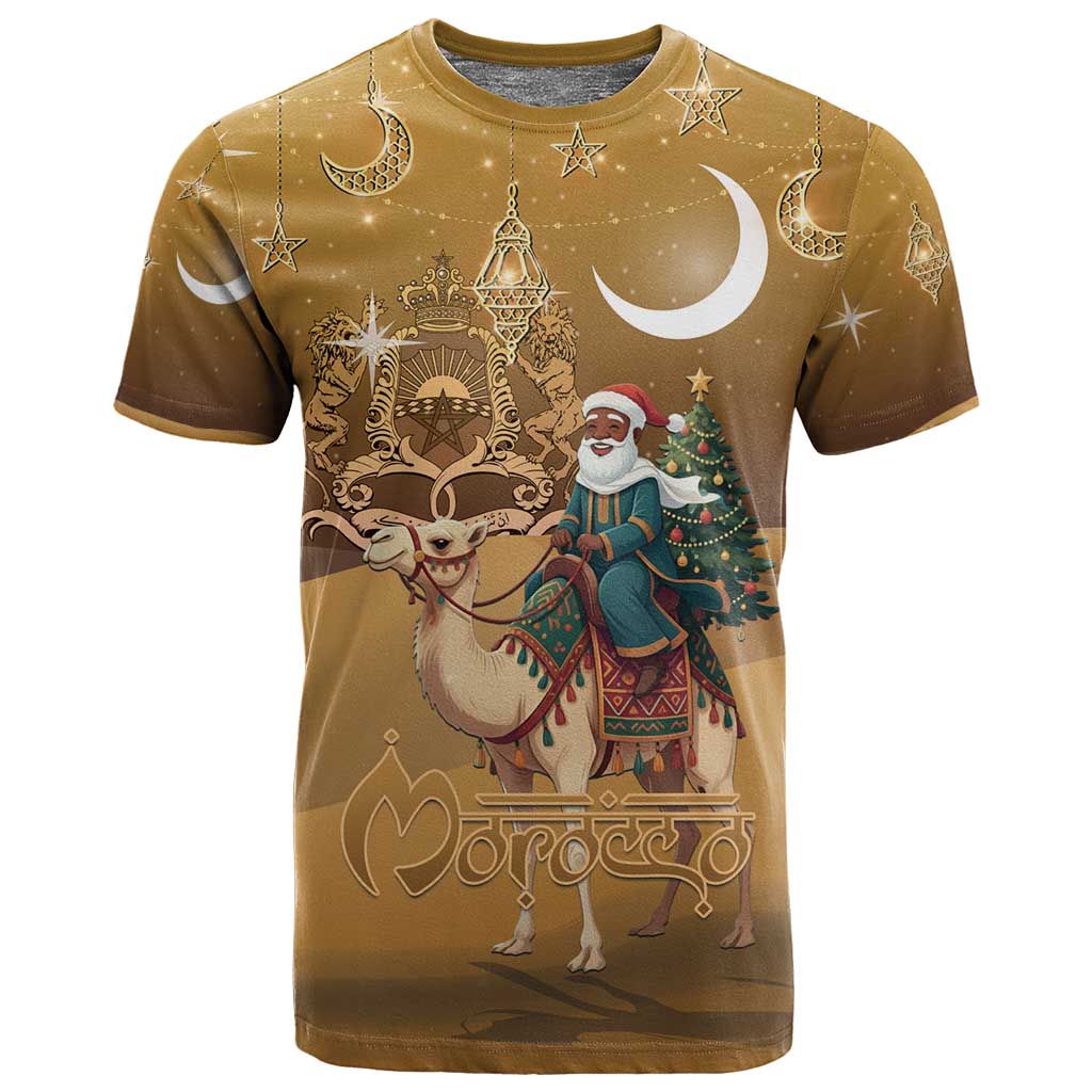 Afro Christmas in Sahara Morocco T shirt Black Santa Riding Camel - African Pride