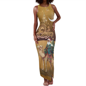 Afro Christmas in Sahara Morocco Tank Maxi Dress Black Santa Riding Camel - African Pride