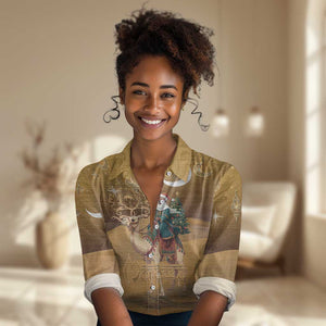 Afro Christmas in Sahara Morocco Women Casual Shirt Black Santa Riding Camel - African Pride