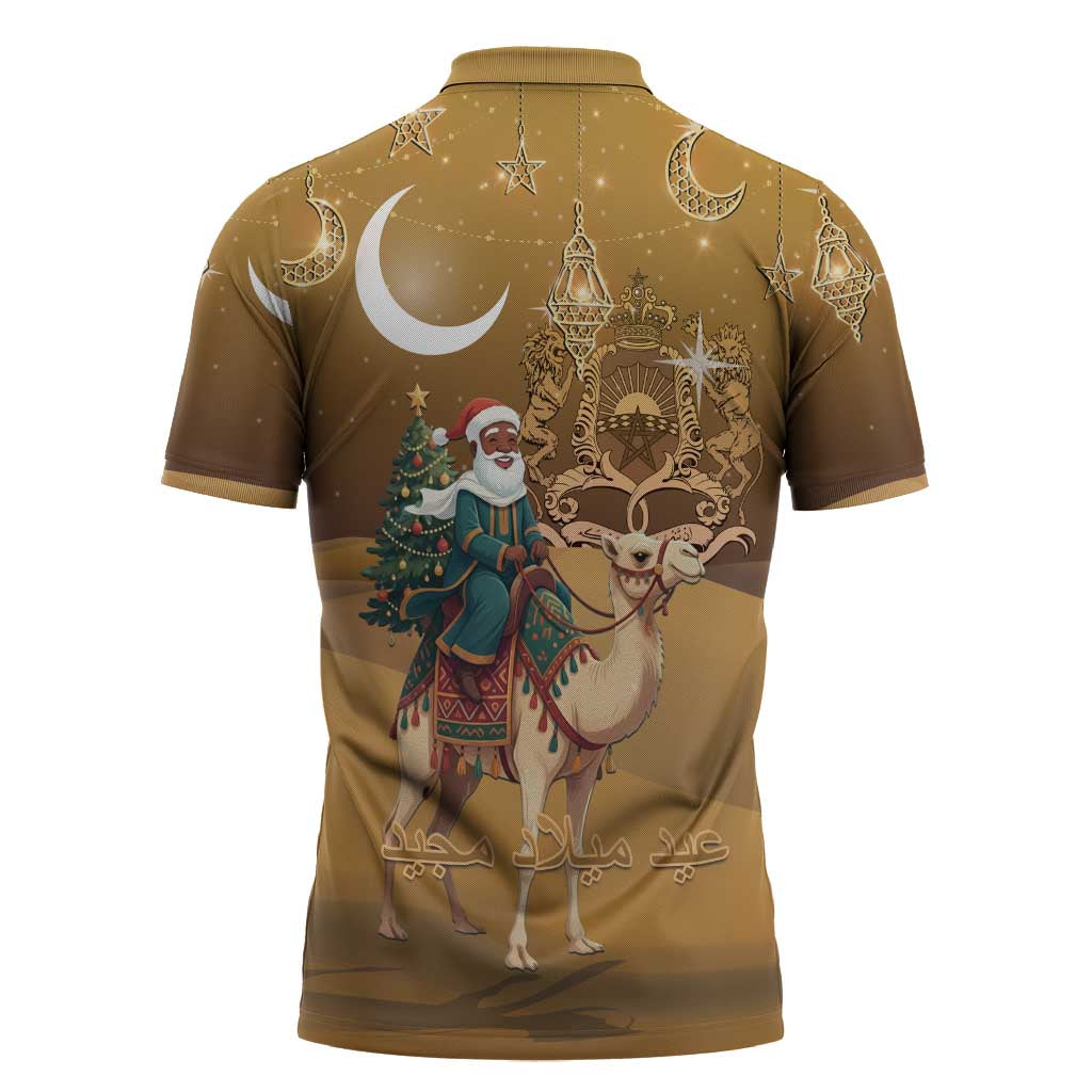 Morocco Christmas in Sahara Zipper Polo Shirt Black Santa Riding Camel