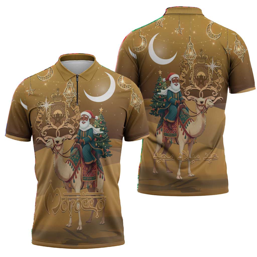 Morocco Christmas in Sahara Zipper Polo Shirt Black Santa Riding Camel