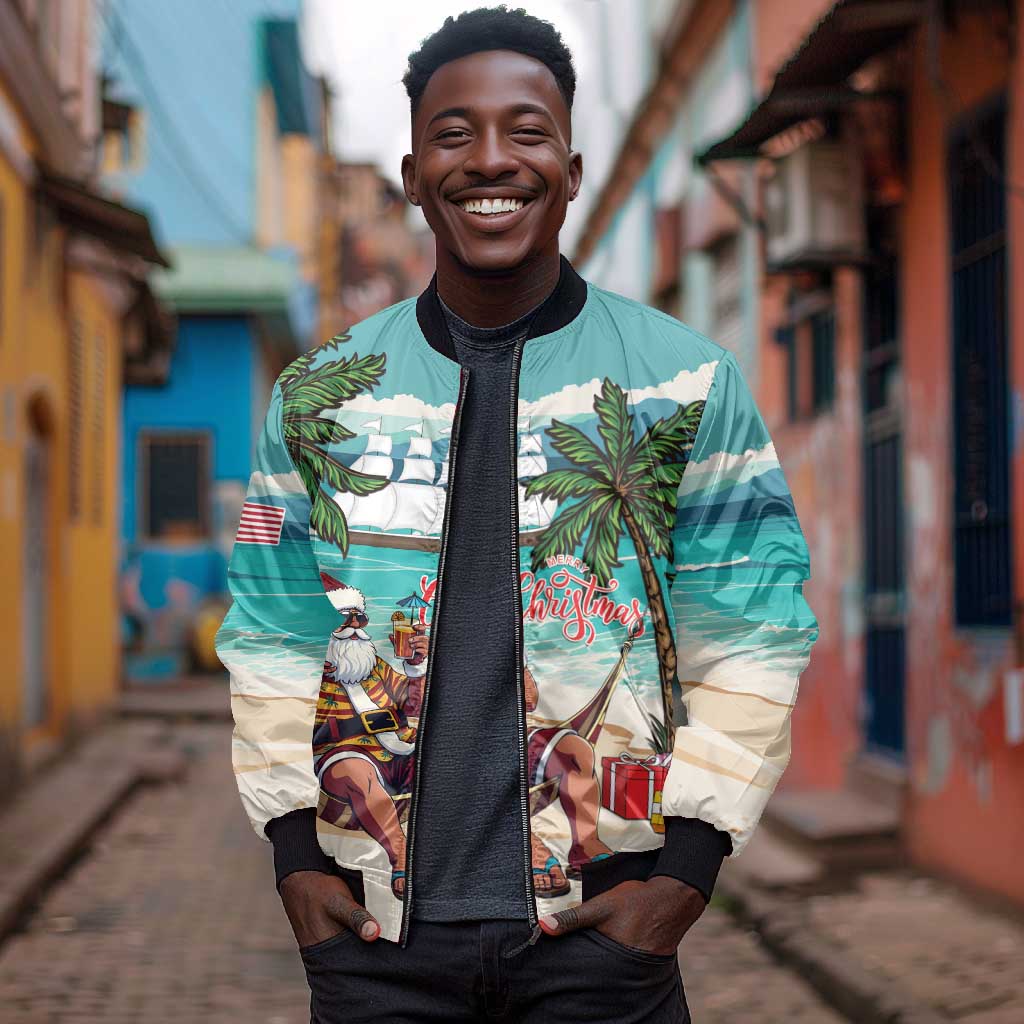 Afro Christmas in Liberia Bomber Jacket Santa Chill on Tropical Beach - African Pride