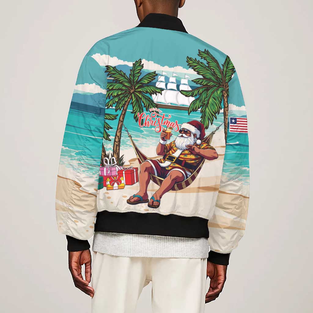 Afro Christmas in Liberia Bomber Jacket Santa Chill on Tropical Beach - African Pride
