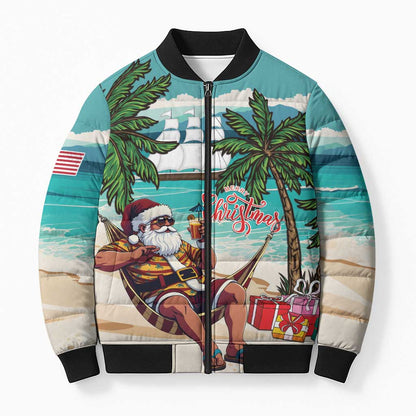 Liberia Christmas Bomber Puffer Jacket Santa Chill on Tropical Beach