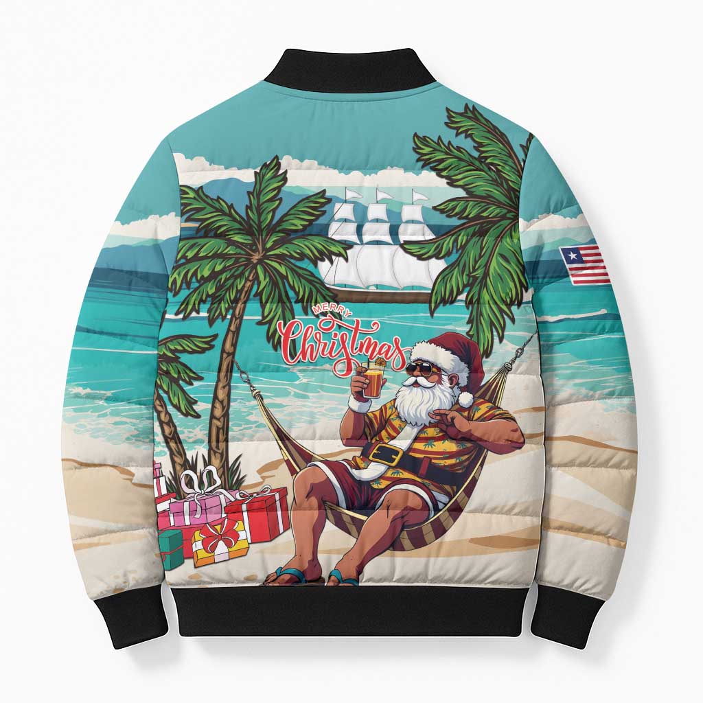 Liberia Christmas Bomber Puffer Jacket Santa Chill on Tropical Beach