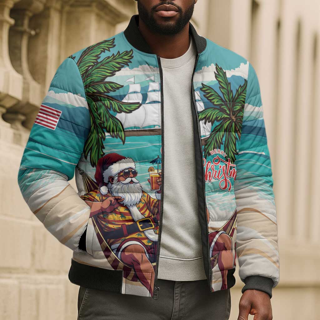 Liberia Christmas Bomber Puffer Jacket Santa Chill on Tropical Beach